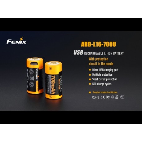 Batería 16340 Recargable USB Fénix 700mAh